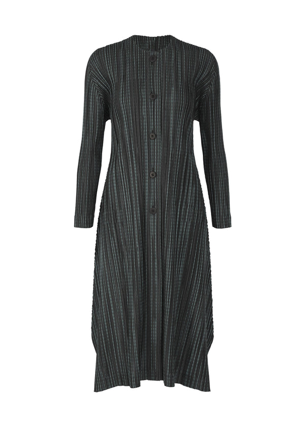 A product shot of the PLEATS PLEASE ISSEY MIYAKE METEOR SHOWER coat in turquoise green (69).