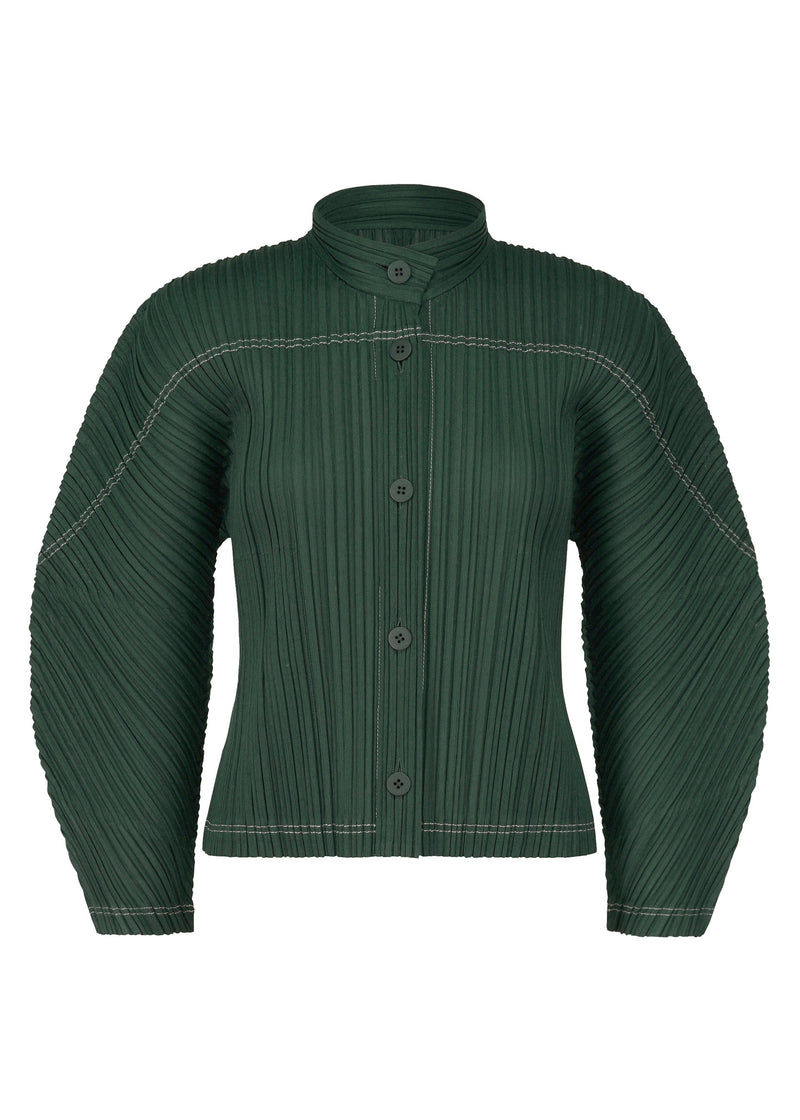 A product shot of the PLEATS PLEASE ISSEY MIYAKE RAMIE PLEATS jacket in deep green (68).