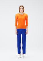 A model wears the PLEATS PLEASE ISSEY MIYAKE  MONTHLY COLORS JULY trousers