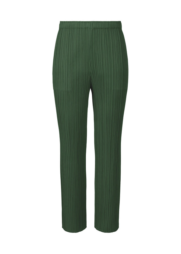 A product shot of the PLEATS PLEASE ISSEY MIYAKE MONTHLY COLORS OCTOBER trousers in deep green (68).