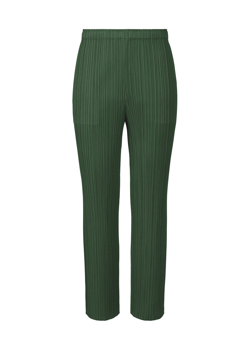 A product shot of the PLEATS PLEASE ISSEY MIYAKE MONTHLY COLORS OCTOBER trousers in deep green (68).