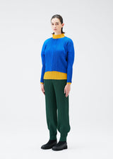 A model wears the PLEATS PLEASE ISSEY MIYAKE MONTHLY COLORS OCTOBER trousers.