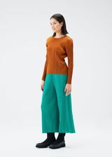 A model wears the PLEATS PLEASE ISSEY MIYAKE MONTHLY COLORS NOVEMBER trousers.