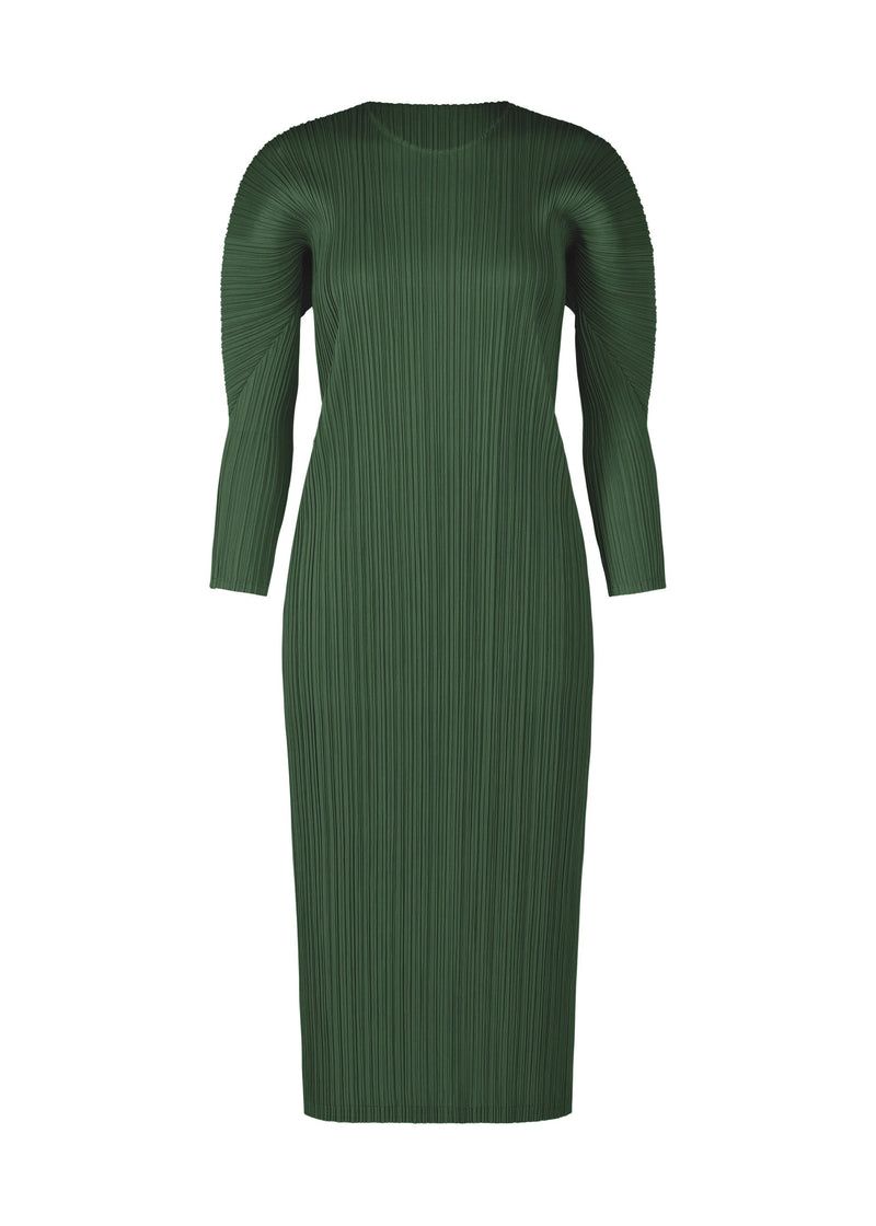 A product shot of the PLEATS PLEASE ISSEY MIYAKE MONTHLY COLORS OCTOBER dress in deep green (68).