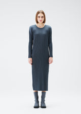 A model wears the PLEATS PLEASE ISSEY MIYAKE MONTHLY COLORS DECEMBER dress.