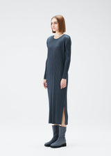 A model wears the PLEATS PLEASE ISSEY MIYAKE MONTHLY COLORS DECEMBER dress.