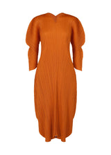 A product shot of the PLEATS PLEASE ISSEY MIYAKE WORMHOLE dress in dark orange (33).