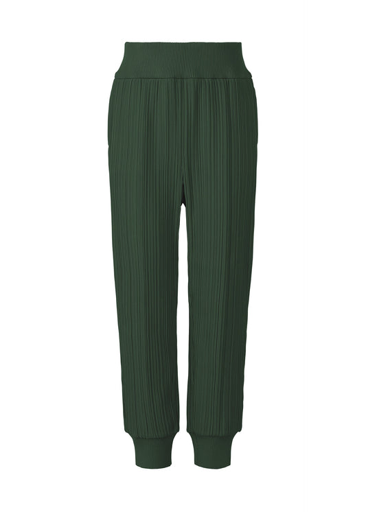 A product shot of the PLEATS PLEASE ISSEY MIYAKE CREPE KNIT trousers in deep green (68).