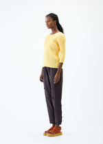 A model wears the PLEATS PLEASE ISSEY MIYAKE CRUSH PRESS trousers.