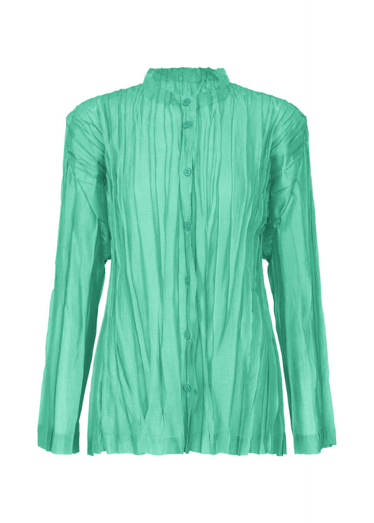 A product shot of the PLEATS PLEASE ISSEY MIYAKE SHEER TWIST cardigan in turquoise green (61).