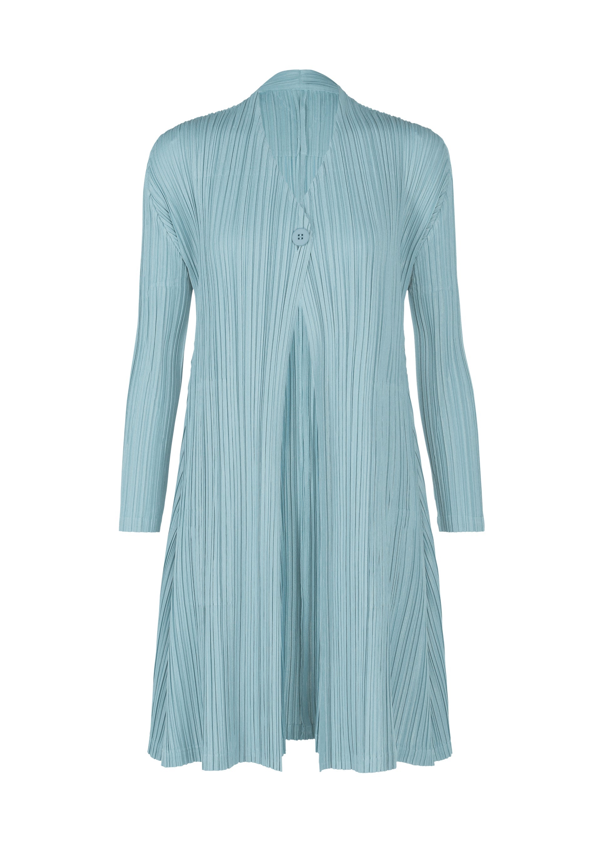 A product shot of the PLEATS PLEASE ISSEY MIYAKE MELLOW PLEATS coat in blue grey (13).