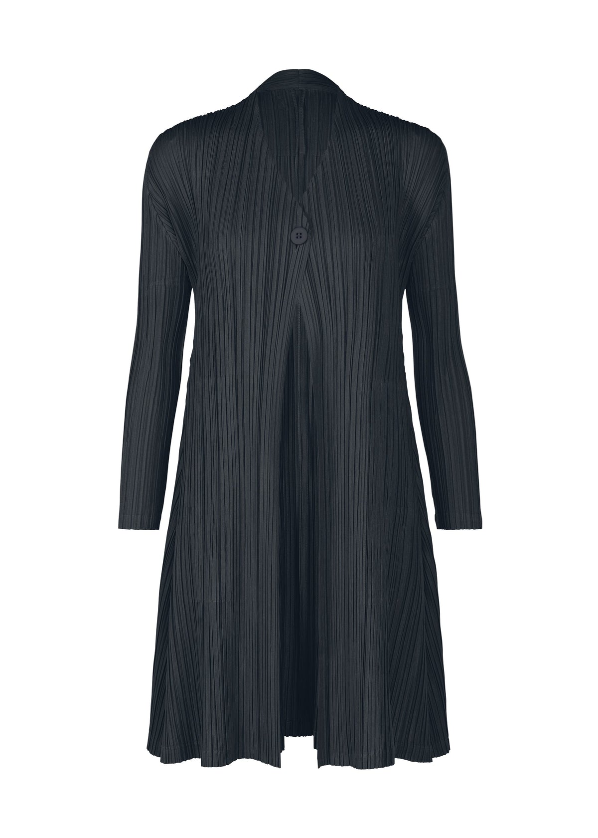 A product shot of the PLEATS PLEASE ISSEY MIYAKE MELLOW PLEATS coat in blue black (14).