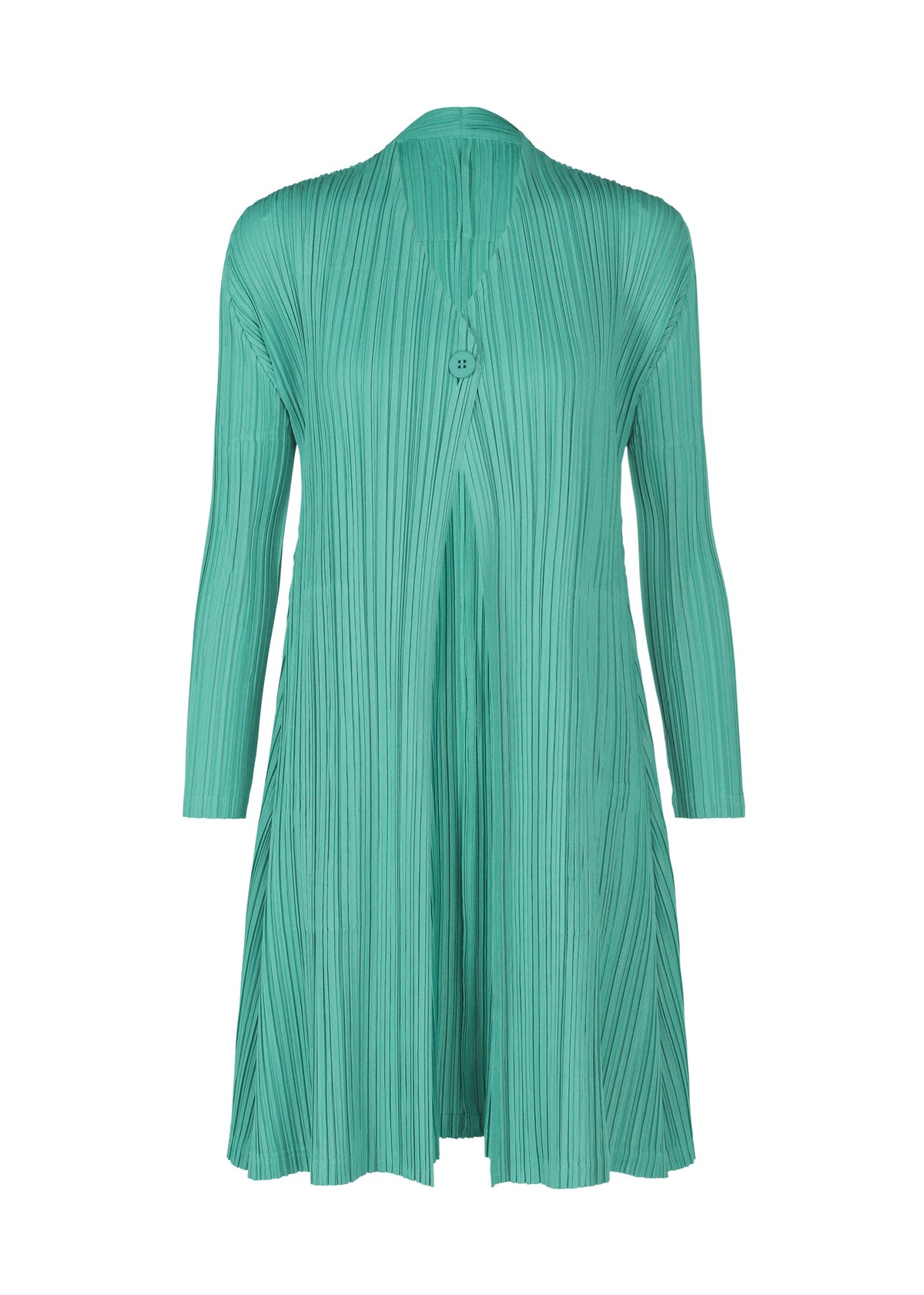 A product shot of the PLEATS PLEASE ISSEY MIYAKE MELLOW PLEATS coat in turquoise green (61).