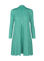 A product shot of the PLEATS PLEASE ISSEY MIYAKE MELLOW PLEATS coat in turquoise green (61).