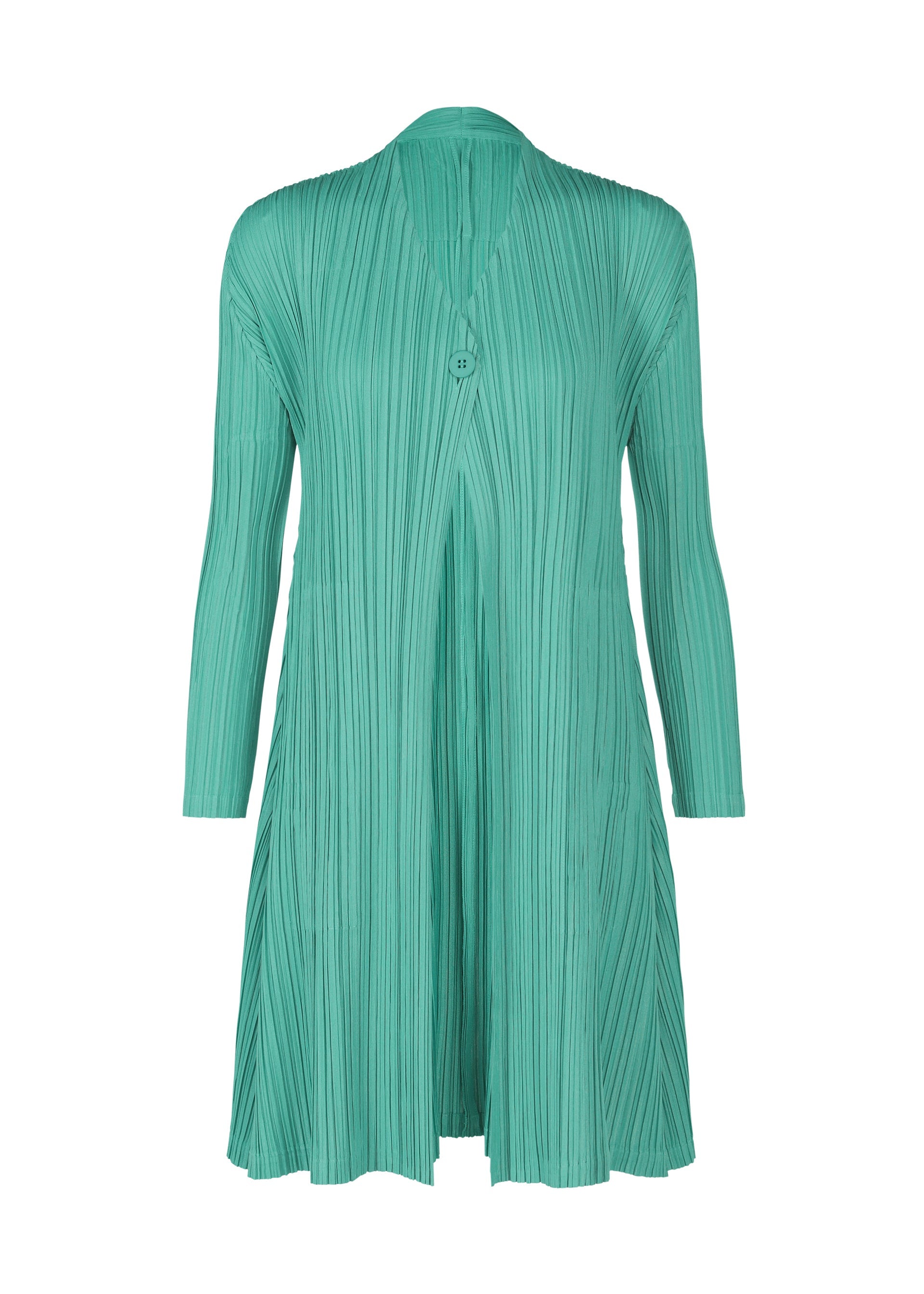 A product shot of the PLEATS PLEASE ISSEY MIYAKE MELLOW PLEATS coat in turquoise green (61).