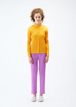 A model wears the PLEATS PLEASE ISSEY MIYAKE MONTHLY COLORS JANUARY trousers.