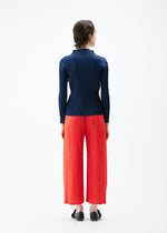 A model wears the PLEATS PLEASE ISSEY MIYAKE MONTHLY COLORS FEBRUARY trousers.