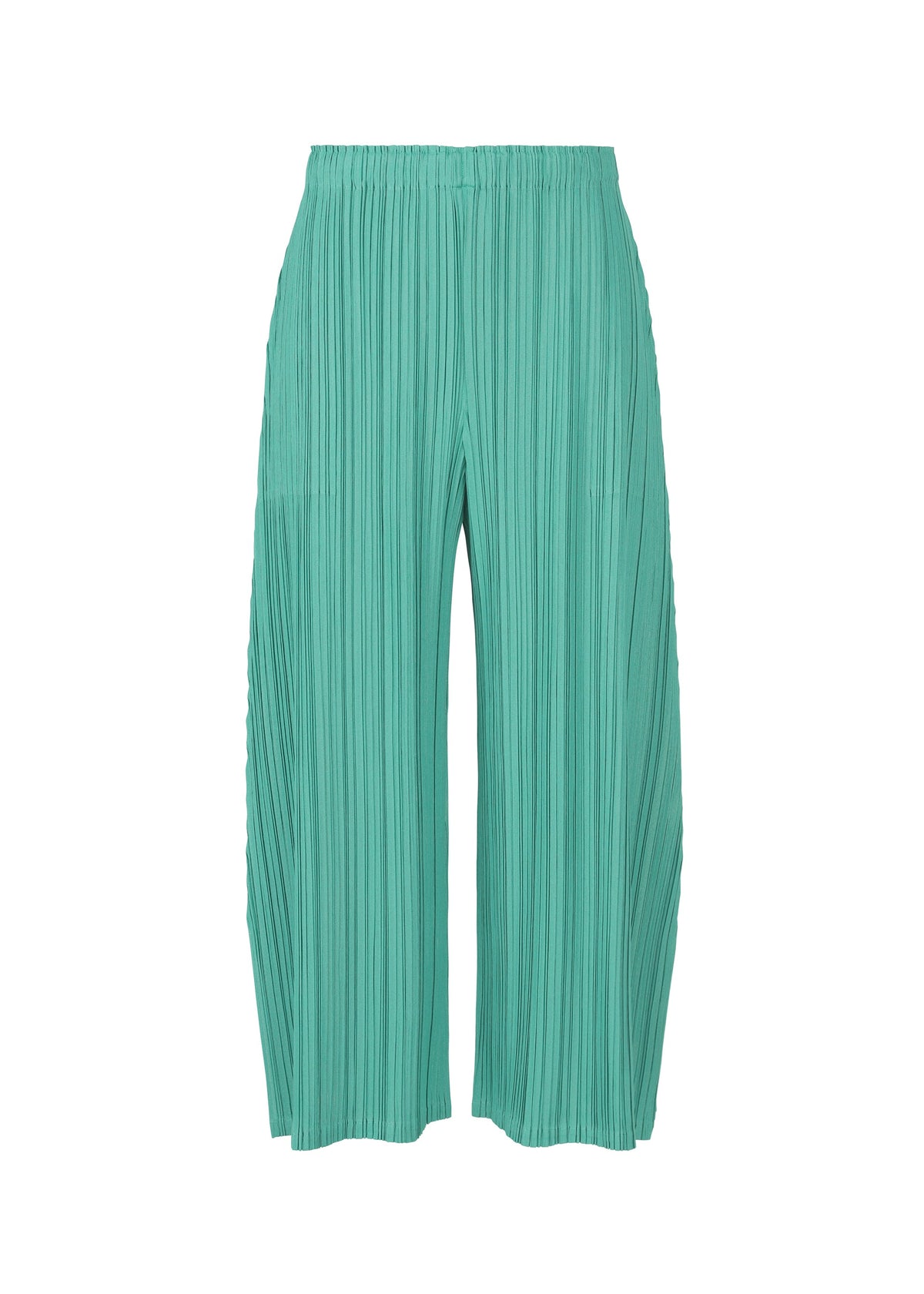 A product shot of the PLEATS PLEASE ISSEY MIYAKE MELLOW PLEATS trousers in turquoise green (61).