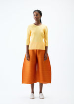 A model wears the PLEATS PLEASE ISSEY MIYAKE THICKER BOTTOMS 2 trousers.