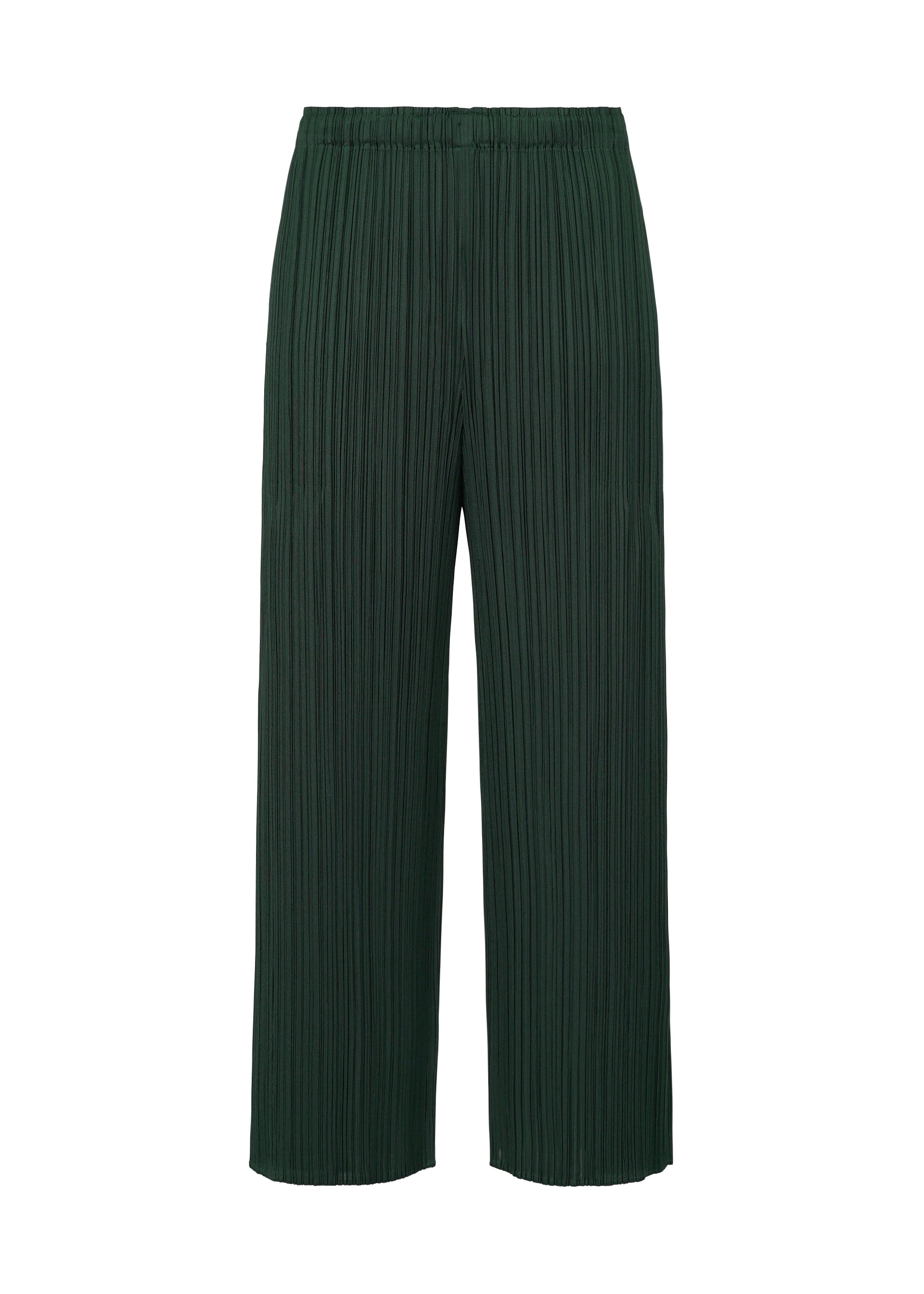 A product shot of the PLEATS PLEASE ISSEY MIYAKE MERRY BICOLOR trousers in green (62).