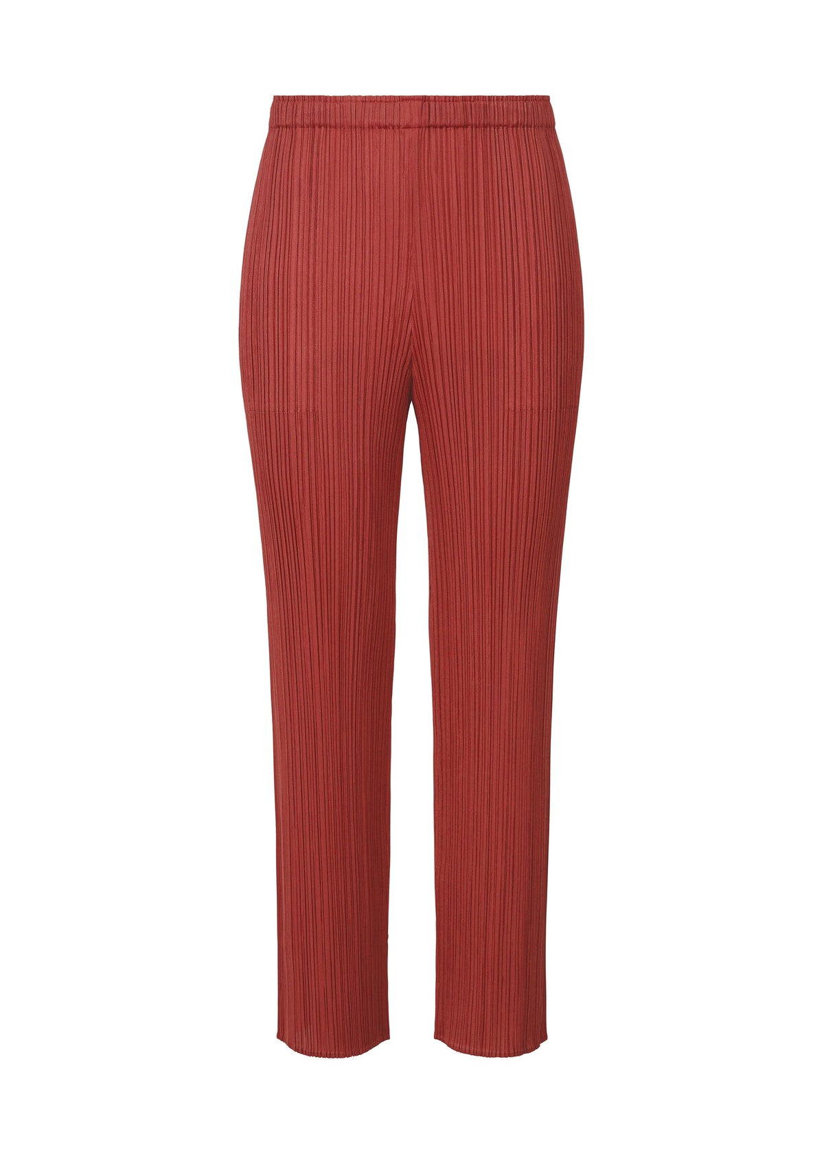 A product shot of the PLEATS PLEASE ISSEY MIYAKE LAMP SHADE trousers in dark red (27).