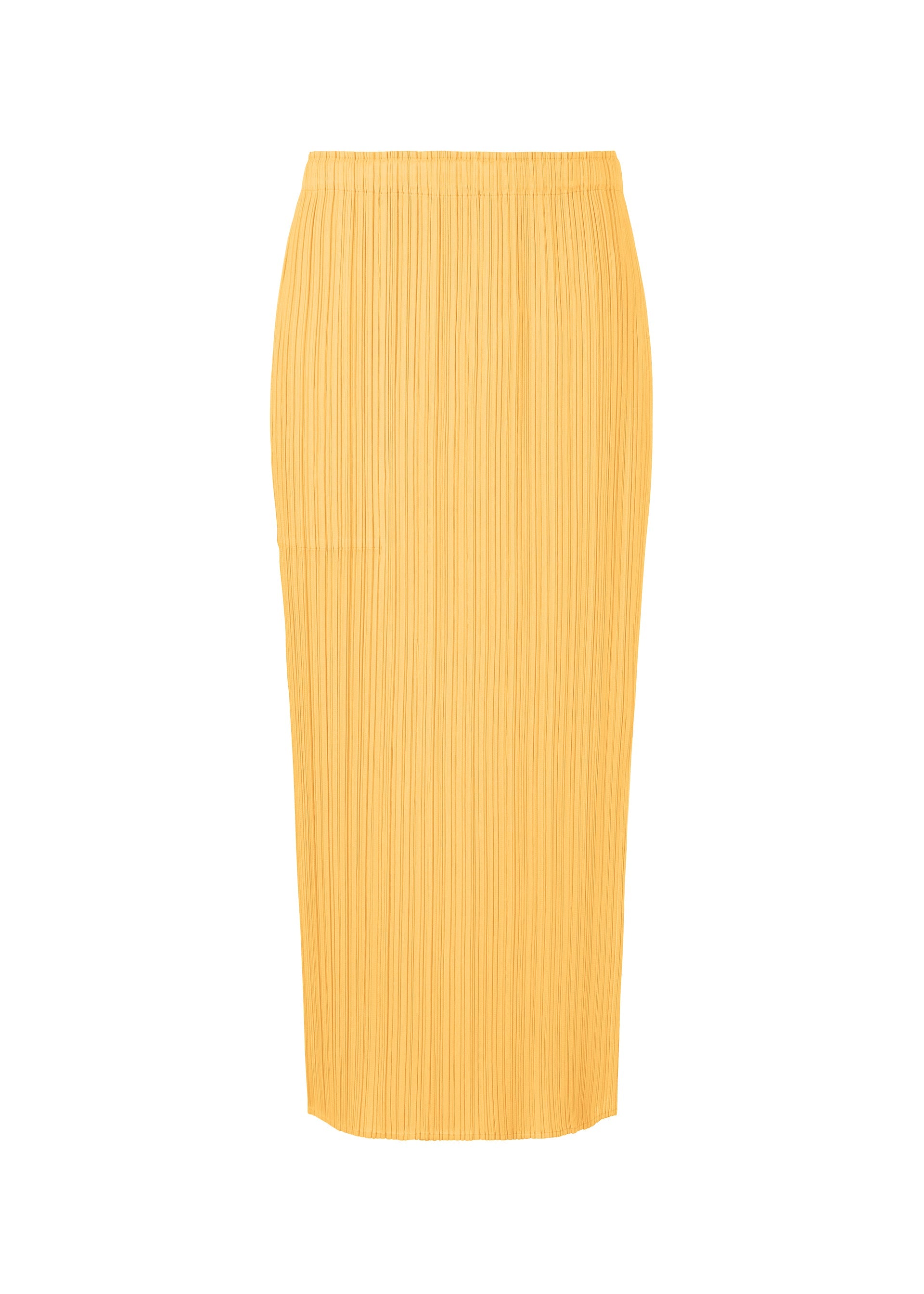 A product shot of the PLEATS PLEASE ISSEY MIYAKE MONTHLY COLORS MARCH skirt in apricot yellow (30).