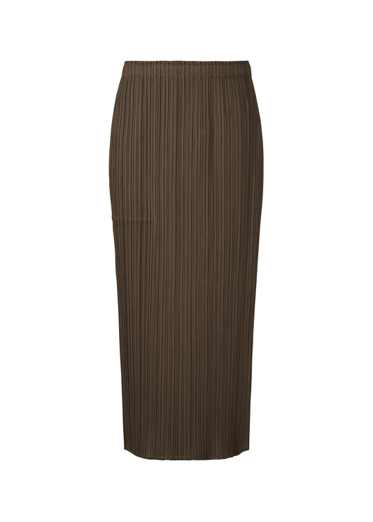 A product shot of the PLEATS PLEASE ISSEY MIYAKE MONTHLY COLORS MARCH skirt in dark brown (45).