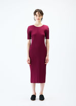 A model wears the PLEATS PLEASE ISSEY MIYAKE MONTHLY COLORS MARCH dress.