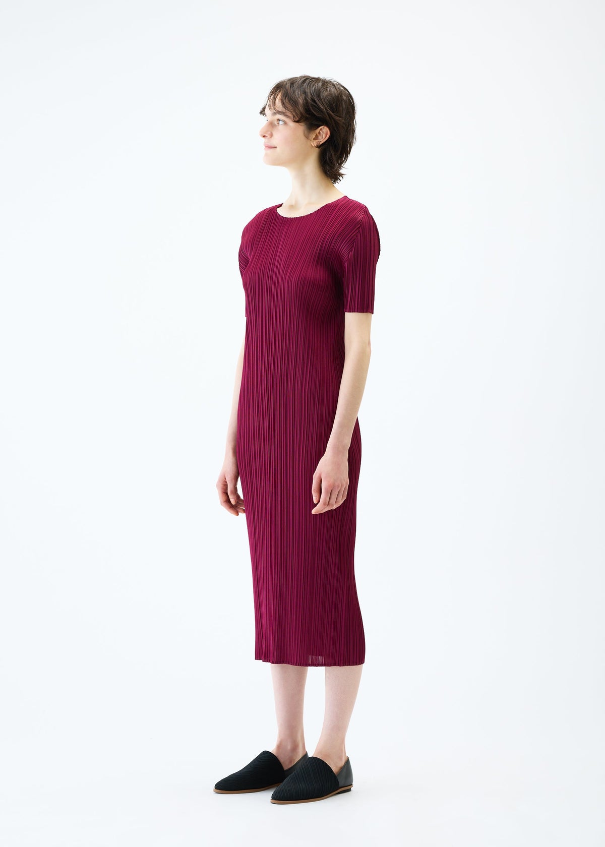 A model wears the PLEATS PLEASE ISSEY MIYAKE MONTHLY COLORS MARCH dress.