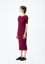 A model wears the PLEATS PLEASE ISSEY MIYAKE MONTHLY COLORS MARCH dress.