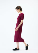 A model wears the PLEATS PLEASE ISSEY MIYAKE MONTHLY COLORS MARCH dress.