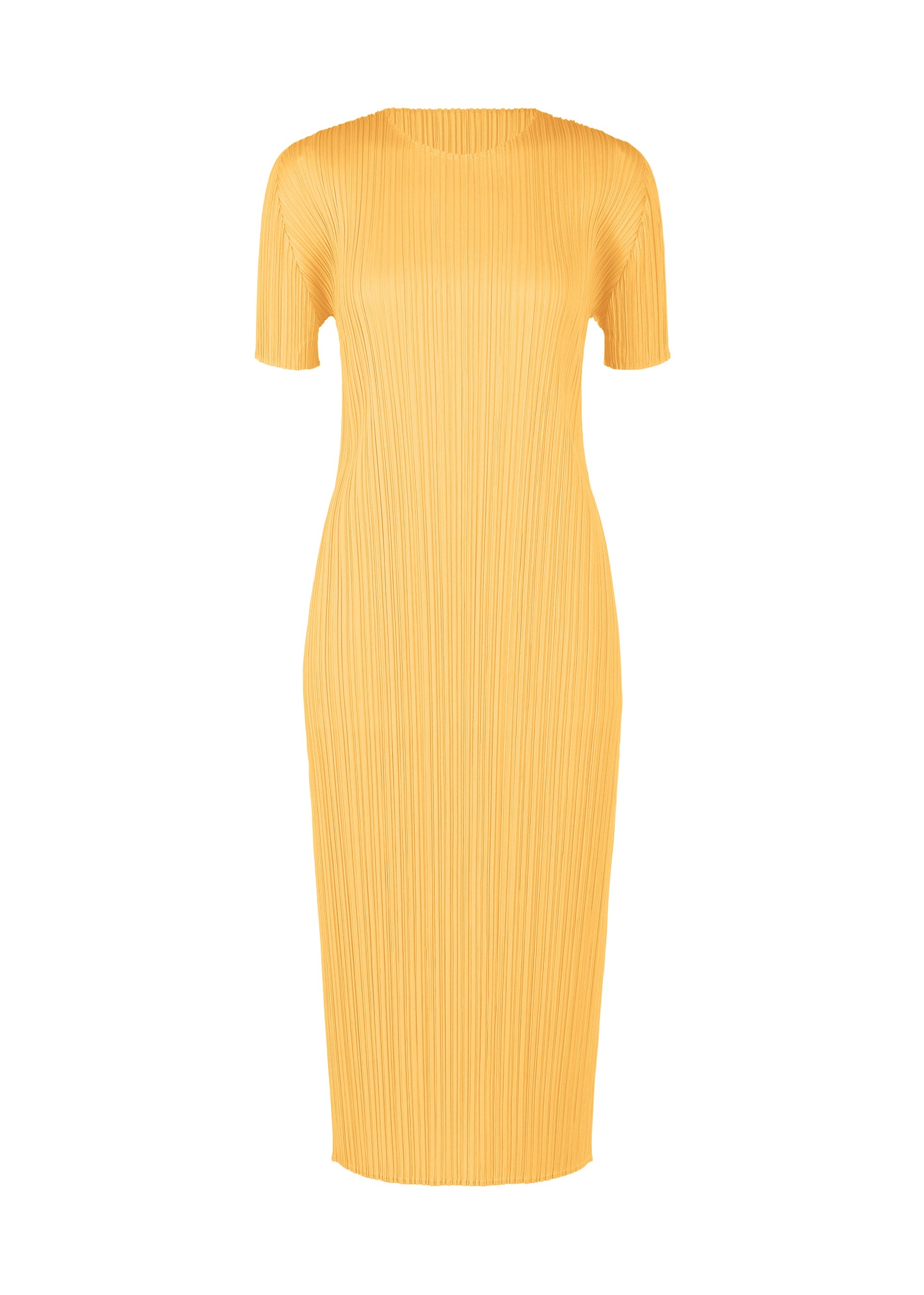 A product shot of the PLEATS PLEASE ISSEY MIYAKE MONTHLY COLORS MARCH dress in apricot yellow (30).