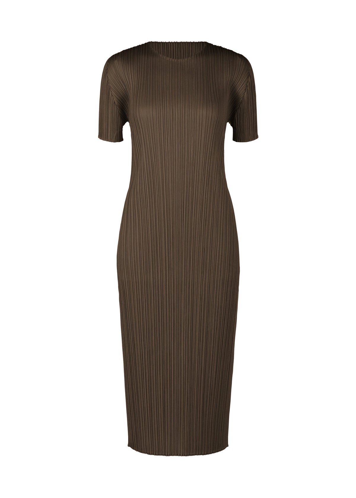 A product shot of the PLEATS PLEASE ISSEY MIYAKE MONTHLY COLORS MARCH dress in dark brown (45).