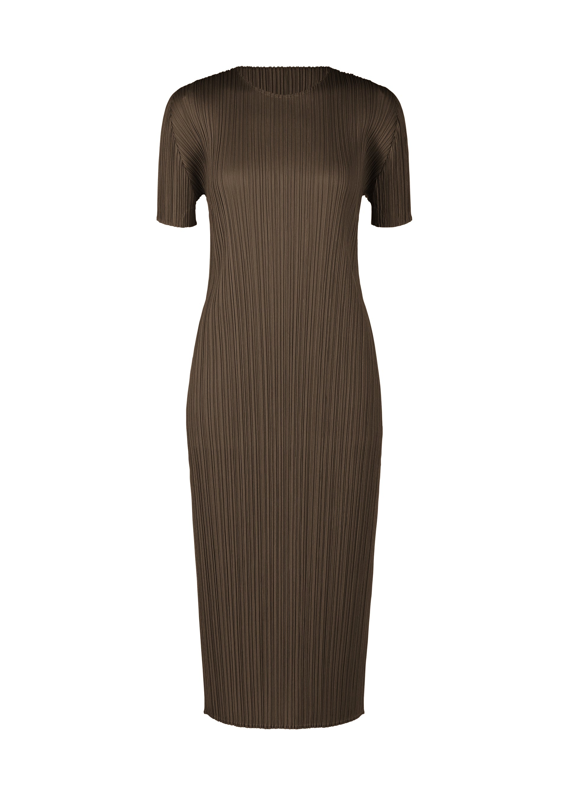 A product shot of the PLEATS PLEASE ISSEY MIYAKE MONTHLY COLORS MARCH dress in dark brown (45).