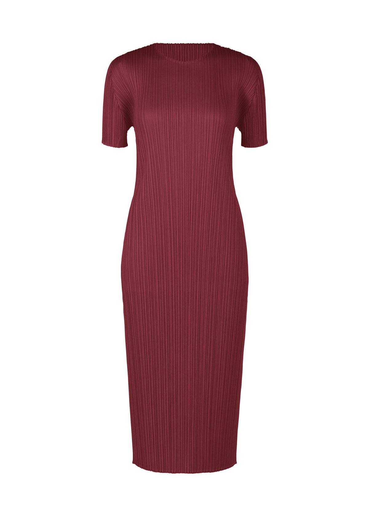 A product shot of the PLEATS PLEASE ISSEY MIYAKE MONTHLY COLORS MARCH dress in bordeaux (84).