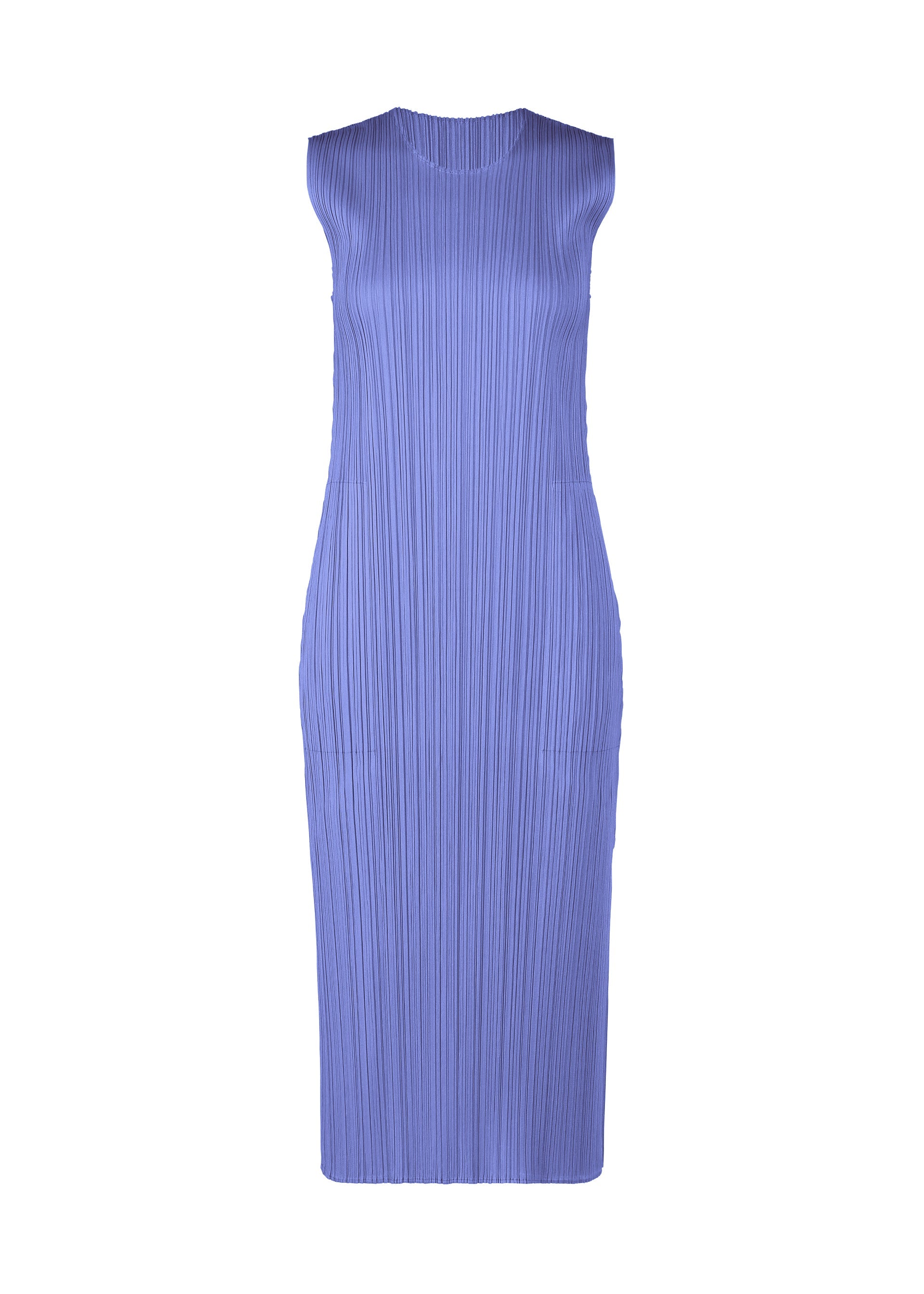 A product shot of the PLEATS PLEASE ISSEY MIYAKE MONTHLY COLORS MARCH dress in steel blue (74).