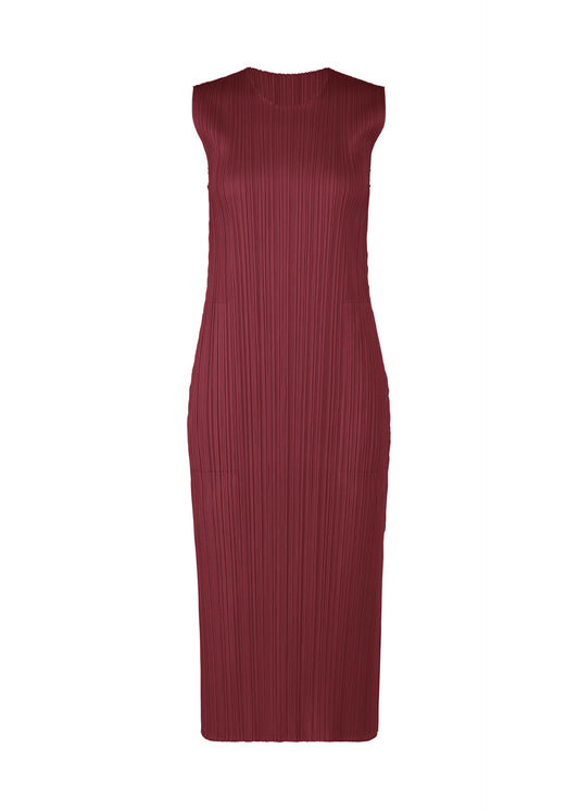 A product shot of the PLEATS PLEASE ISSEY MIYAKE MONTHLY COLORS MARCH dress in bordeaux (84).