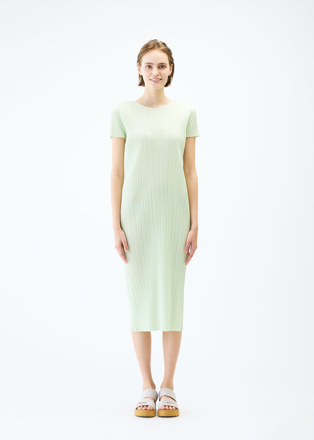 A model wears the PLEATS PLEASE ISSEY MIYAKE MONTHLY COLORS : JUNE dress.