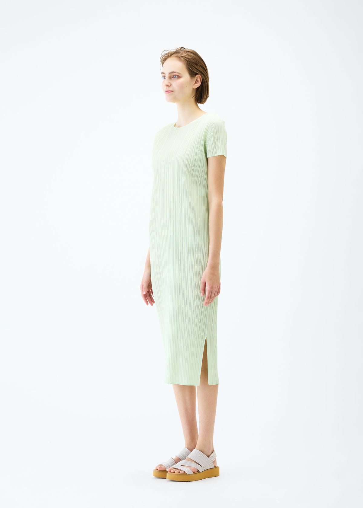 A model wears the PLEATS PLEASE ISSEY MIYAKE MONTHLY COLORS : JUNE dress.