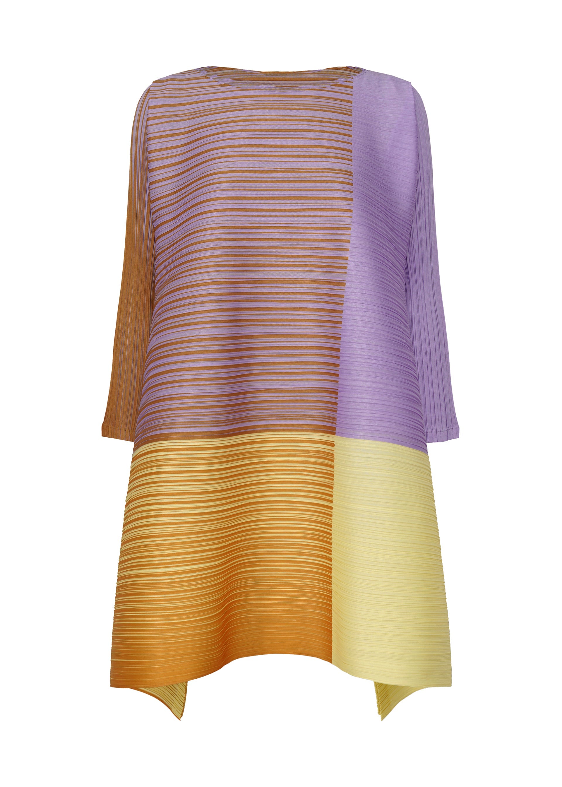 A product shot of the PLEATS PLEASE ISSEY MIYAKE PHOTON BOUNCE dress in purple x yellow (95).