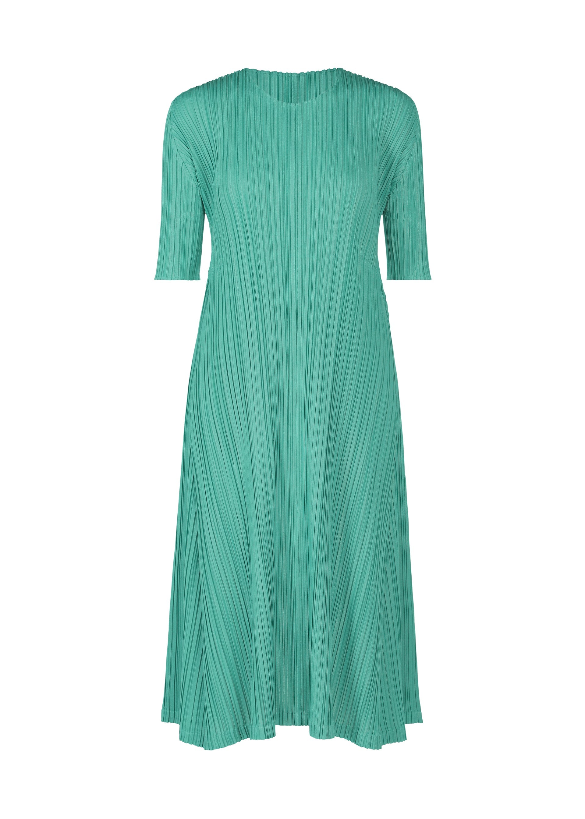 A product shot of the PLEATS PLEASE ISSEY MIYAKE MELLOW PLEATS dress in turquoise green (61).
