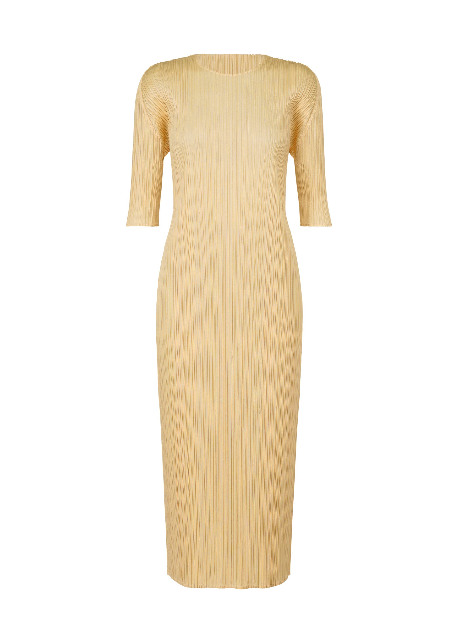 A product shot of the PLEATS PLEASE ISSEY MIYAKE MERRY BICOLOR dress in beige (41).