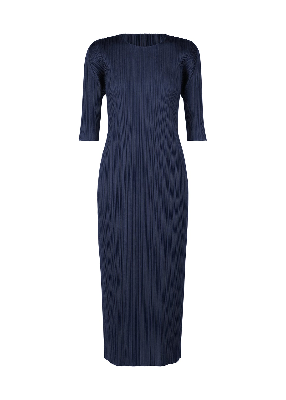 A product shot of the PLEATS PLEASE ISSEY MIYAKE MERRY BICOLOR dress in navy (75).