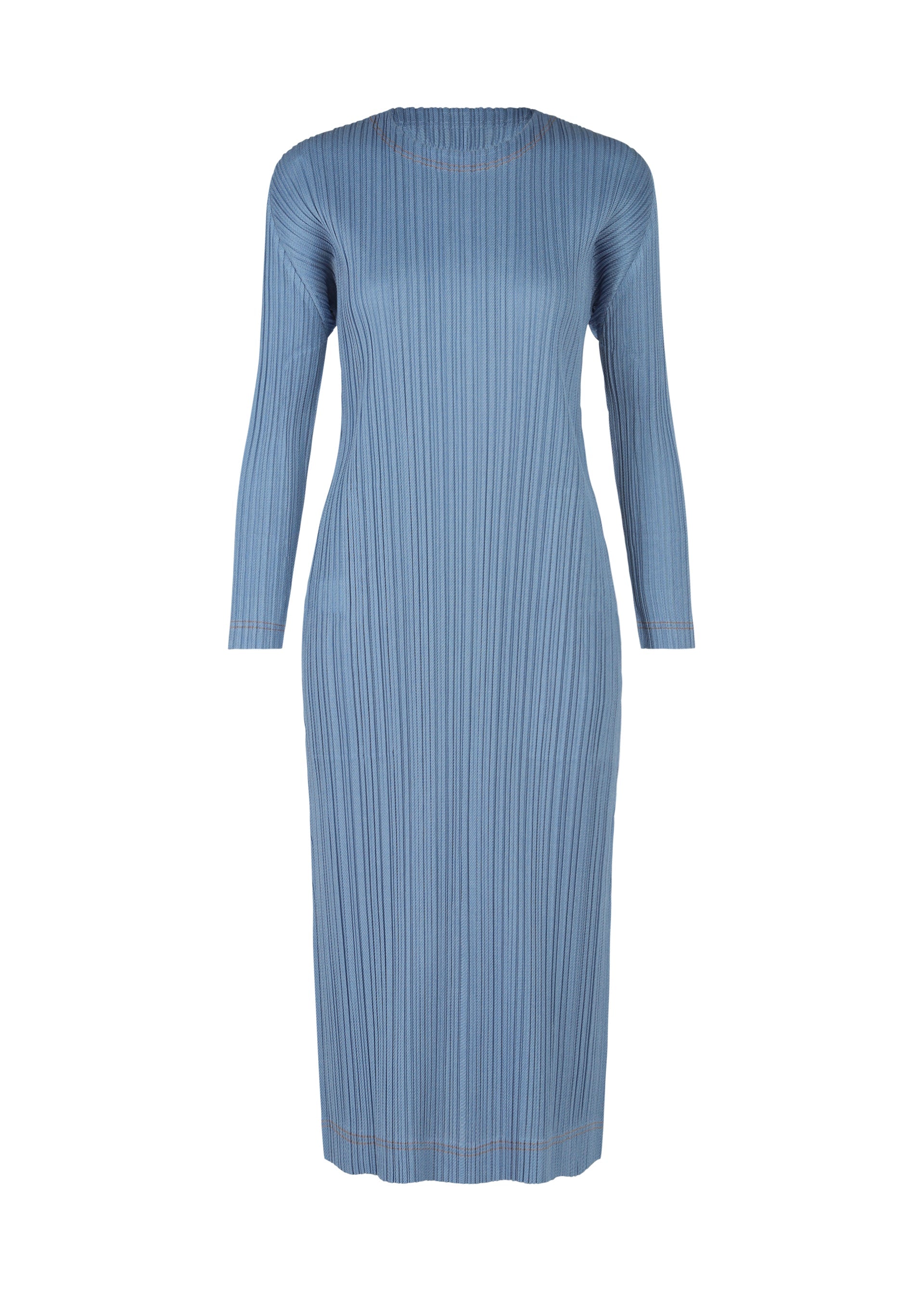 A product shot of the PLEATS PLEASE ISSEY MIYAKE COTTON DENIM dress in light blue (70).