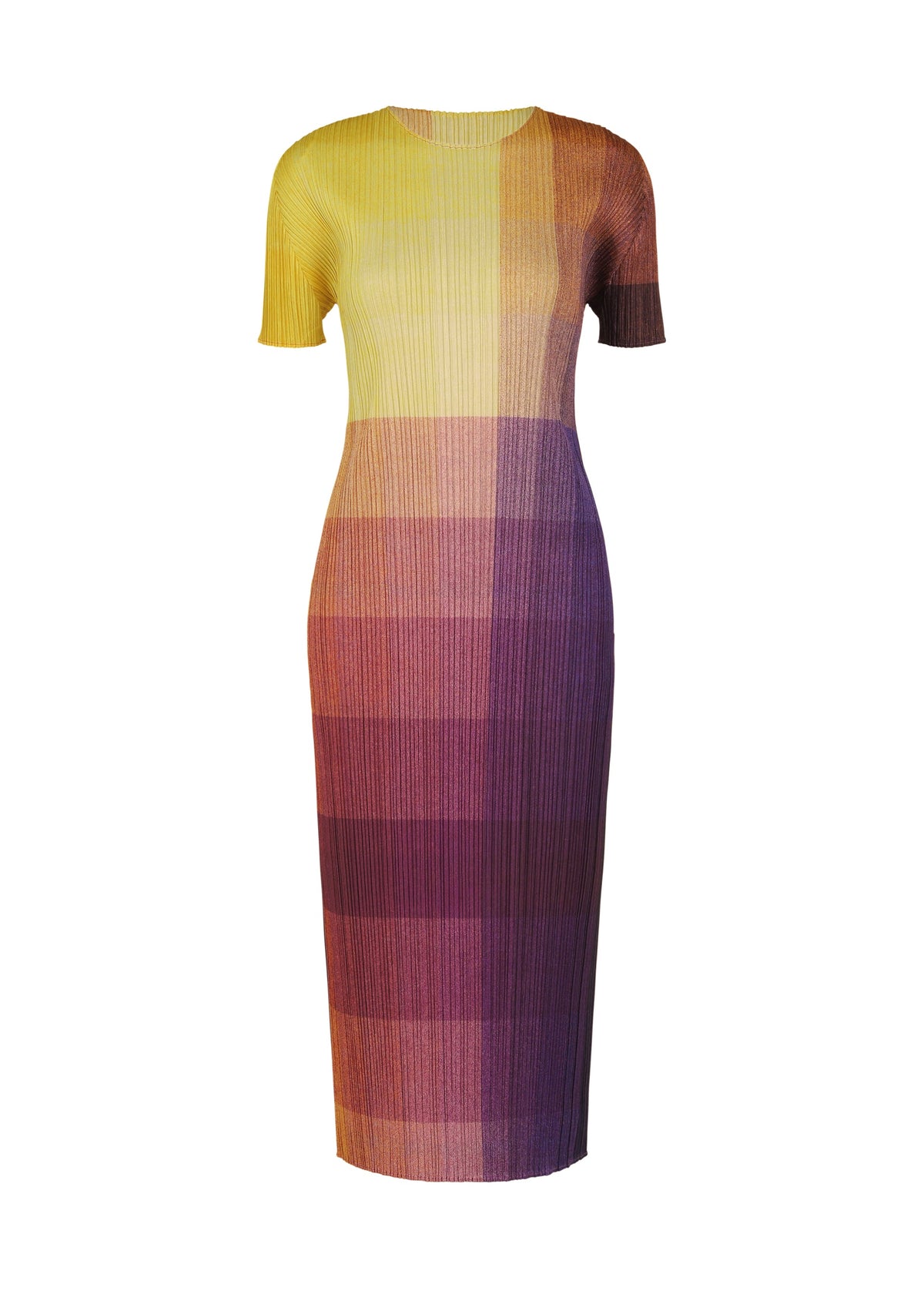 A product shot of the PLEATS PLEASE ISSEY MIYAKE PHOTON dress in yellow (52).