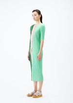 A model wears the PLEATS PLEASE ISSEY MIYAKE GRAINY COLORS dress.