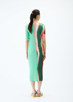 A model wears the PLEATS PLEASE ISSEY MIYAKE GRAINY COLORS dress.