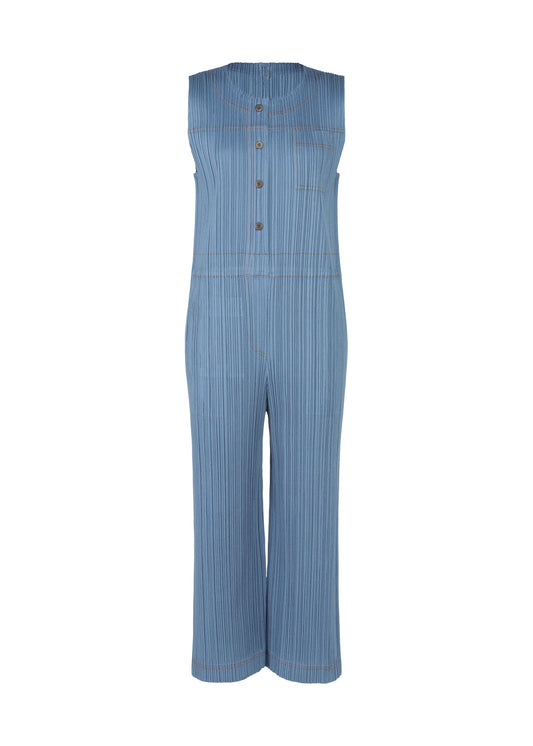 A product shot of the PLEATS PLEASE ISSEY MIYAKE COTTON DENIM jumpsuit in light blue (70).