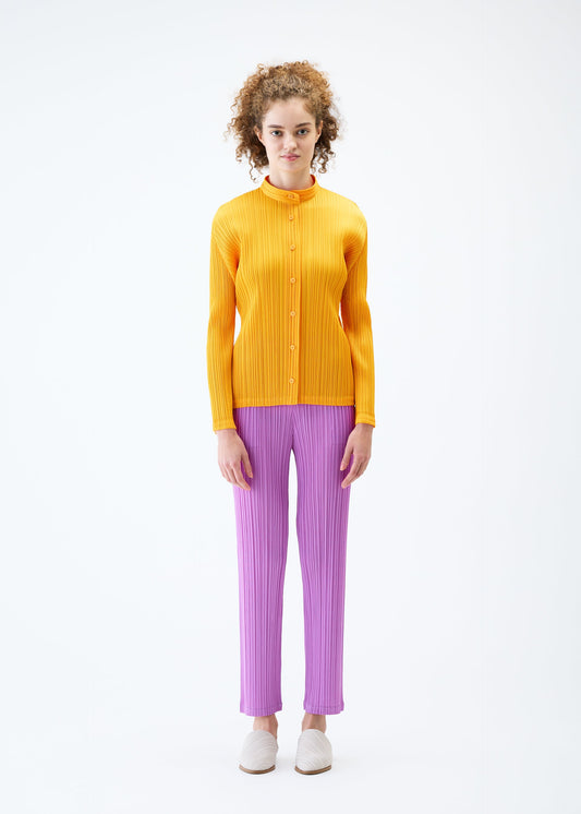 A model wears the PLEATS PLEASE ISSEY MIYAKE MONTHLY COLORS JANUARY shirt.