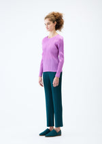 A model wears the PLEATS PLEASE ISSEY MIYAKE MONTHLY COLORS JANUARY top.